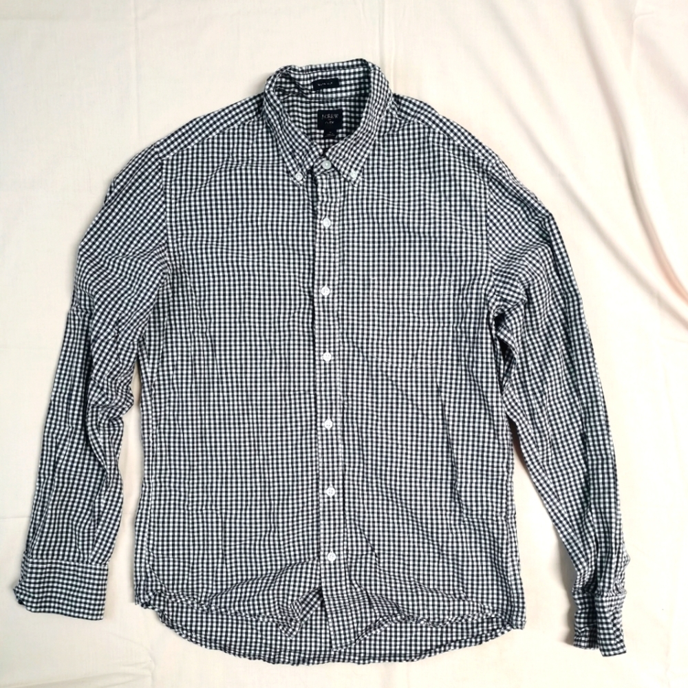 J Crew Men's Slim Fit Flex Blue White Plaid Button Up Long Sleeve Shirt L